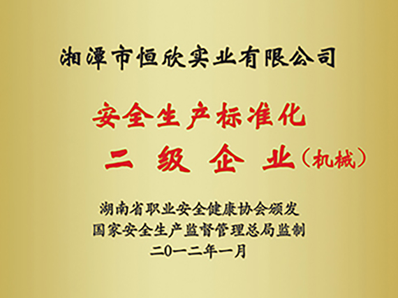 熱烈慶祝&ldquo;湘潭恒欣&rdquo;被評為湖南省安全生產(chǎn)標(biāo)準(zhǔn)化二級達標(biāo)企業(yè)